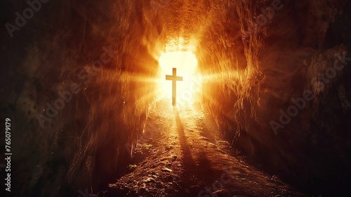 conceito cristão de páscoa Jesus Cristo Orando sinceramente e dando glória a Deus com cruz dentro de luz brilhante photo