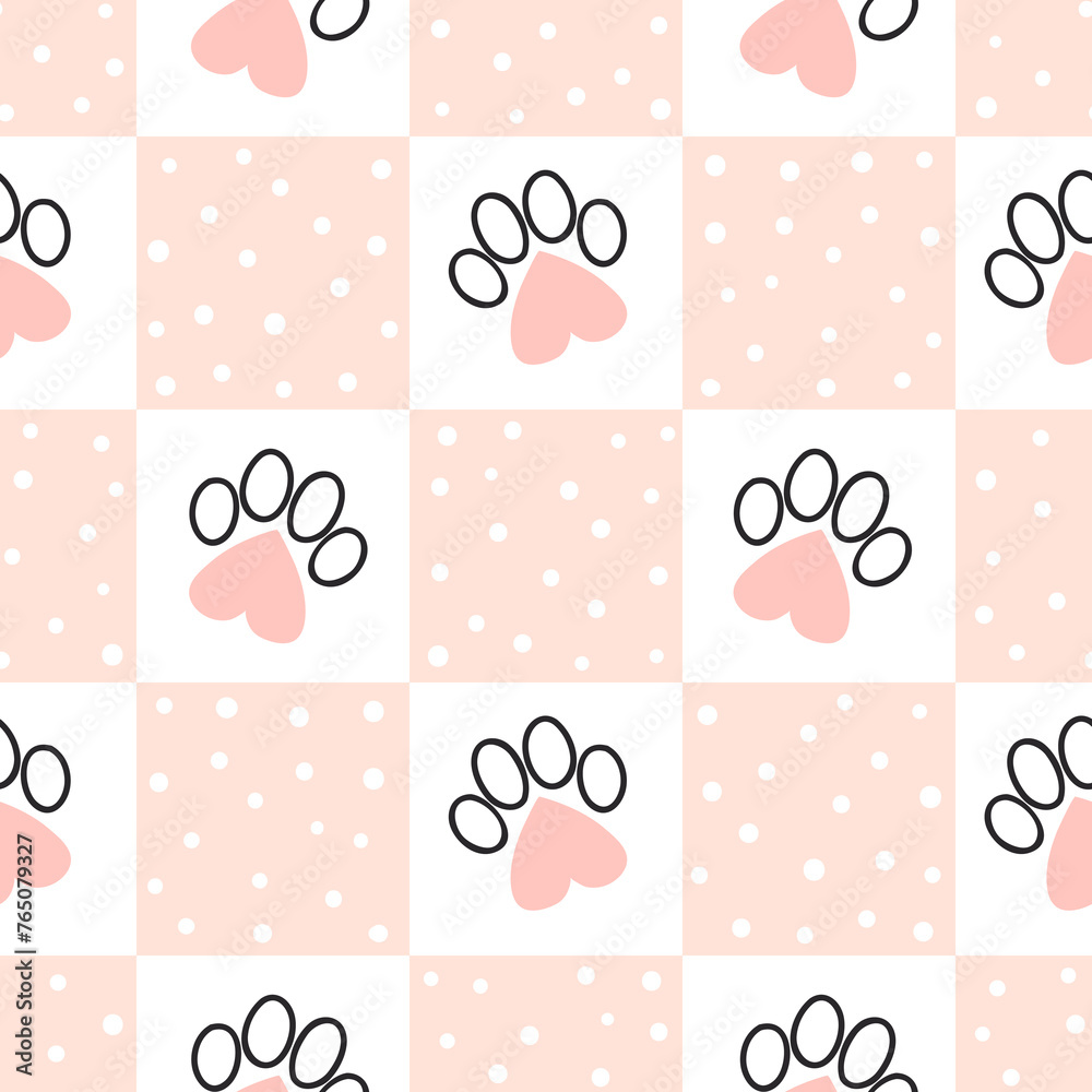 Seamless cat paws pattern with hearts. Textile, fabric design