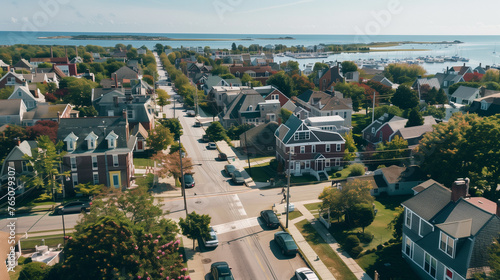 aerial view of a coastal town, showcasing traditional architecture with gabled roofs, streets lined with parked cars, and interspersed greenery. There’s a body of water in the background with boats