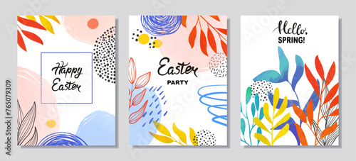 Colorful Easter set of posters, cards or flyers. Vector templates with abstract shapes and spring plants