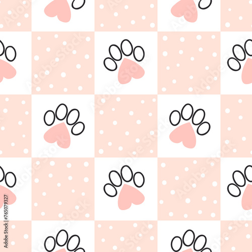 Seamless cat paws pattern with hearts. Textile, fabric design