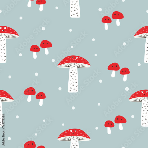 Cartoon mushrooms with eyes seamless pattern. Funny vector print