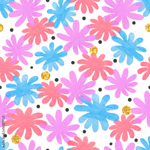 Seamless colorful floral pattern with pink and blue flowers. Vector watercolor illustration