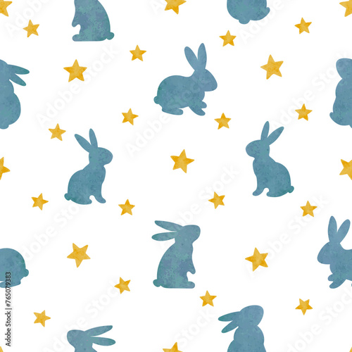 Cute rabbits and stars pattern. Seamless watercolor vector bunny background