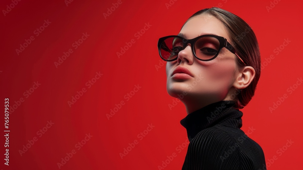 Stylish Banner: Female Model in Dark Sunglasses and Black Outfit on Red Background Stylish Banner: Female Model in Dark Sunglasses and Black Outfit on Red Background