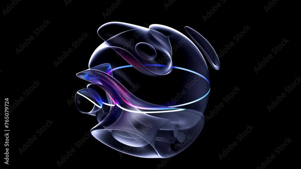 3d video animation of surreal mystic alien ball or sphere sculpture in curve wavy organic lines forms in deformation process in translucent matte plastic material with purple neon laser round stripe