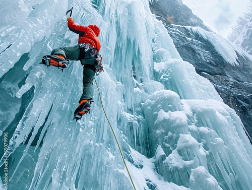 A climber ascending a glittering ice wall sharp ice axes in hand