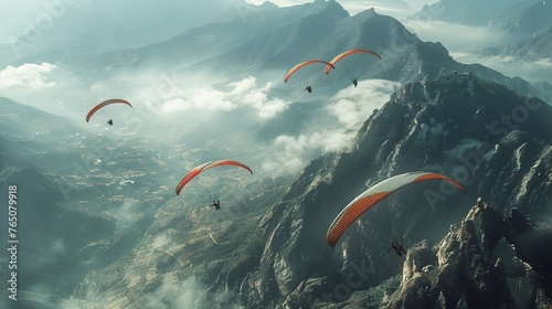A group of hang gliders taking off from a high vantage point in the Himalayas embarking on a journey across the sky. The scene is full of motion and anticipation