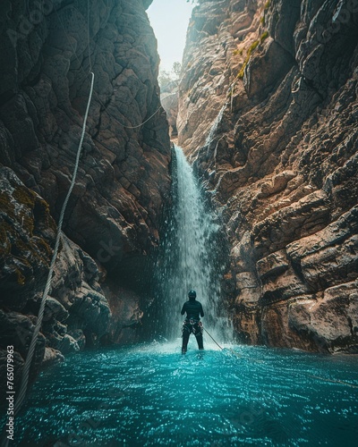 An adventurer abseiling down a majestic waterfall cliff with crystal-clear water cascading around them. Extreme sports
