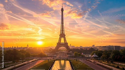 Our image captures the allure of the Eiffel Tower and Parisian parks, bathed in romantic light, with cozy hotels and apartments nearby