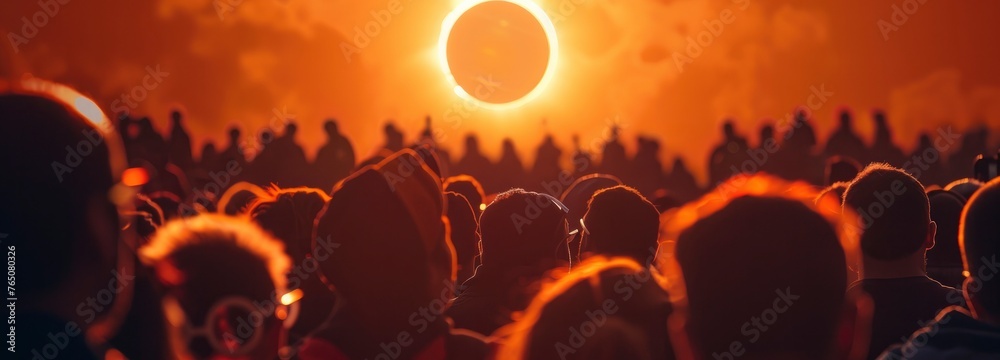 A crowd of people watching the solar eclipse wearing protective glasses - obrazy, fototapety, plakaty 