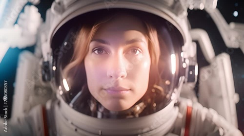 close up portrait of woman in astronaut suit gear