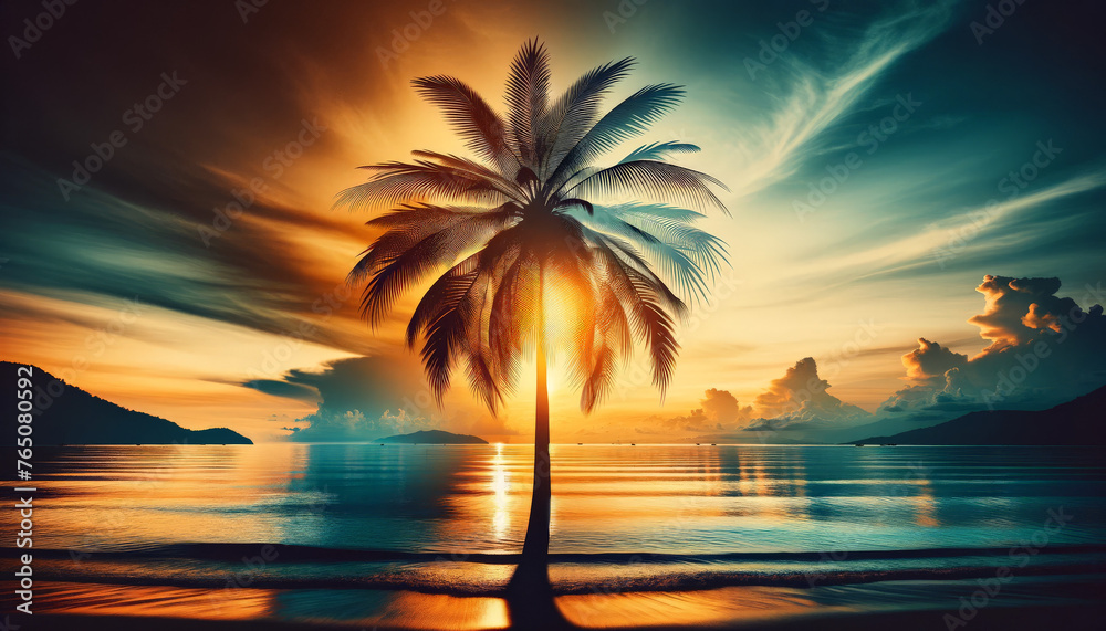 Serene Tropical Sunset with Palm Tree Silhouette and Ocean Reflections