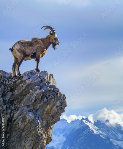 A mountain goat with impressive horns standing on the rocky cliff.