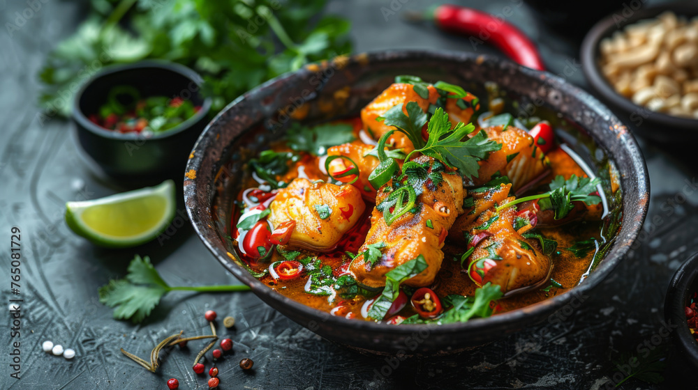 A spicy chicken dish in a rustic bowl garnished with herbs, chilies, and a lime wedge. A spicy chicken dish in a rustic bowl garnished with herbs, chilies, and a lime wedge.