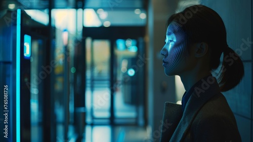 Woman having her face scanned by a facial recognition camera at a job fair entrance for candidate registration