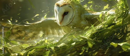  Close-up of owl amidst rustling leaves & grass