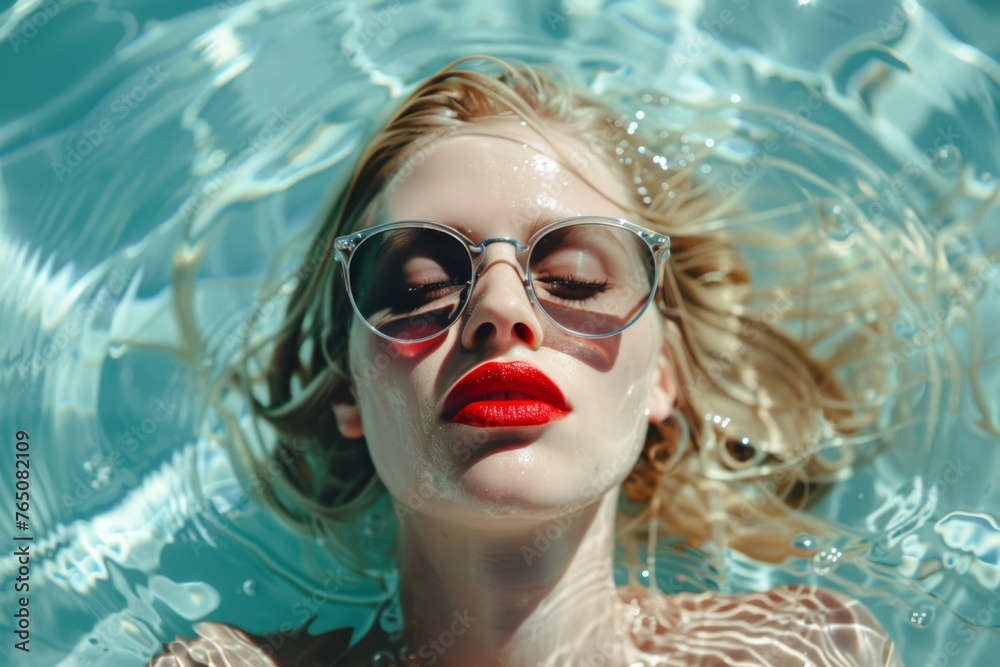 Attractive Young Blond Woman Floating in Crystal Clear Water with Red Lipstick and Sunglasses, Summer Holiday Advertisement. Copy space.