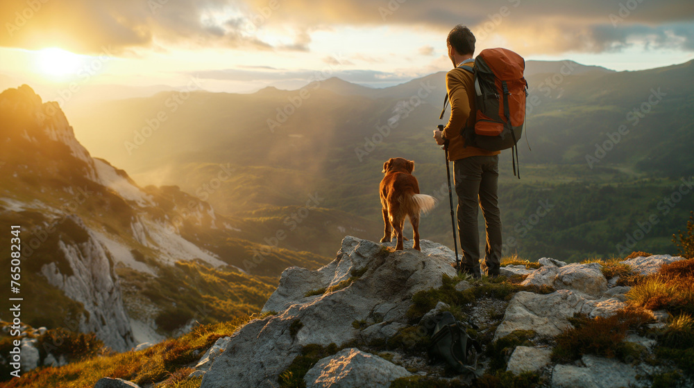 A hiker, a young man and his dog, hiking in beautiful rocky European Alps mountain landscape with a trekking backpack. A man hiking in the sunrise time. - obrazy, fototapety, plakaty 
