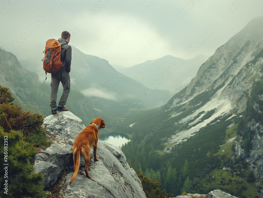 A hiker, a young man and his dog, hiking in beautiful rocky European Alps mountain landscape with flowers with a trekking backpack. A man hiking in the foggy spring time. - obrazy, fototapety, plakaty 