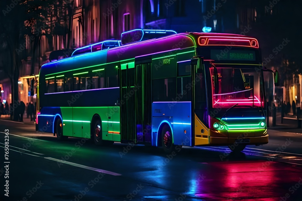 Colorful neon bus on the street with colorful light