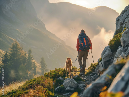 A hiker, a young man and his dog, hiking in beautiful rocky European Alps mountain landscape with a trekking backpack. A man hiking in the sunrise time. #765082384