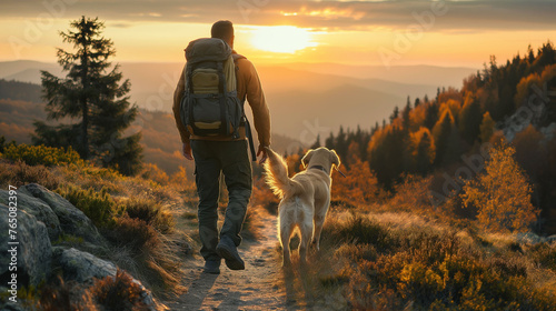 Wallpaper Mural A hiker, a young man and his dog, hiking in beautiful rocky European Alps mountain landscape with a trekking backpack. A man hiking in the sunrise time. Torontodigital.ca