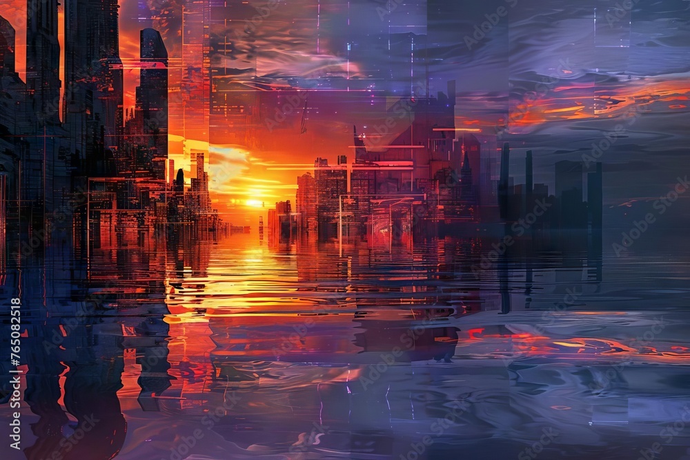 Urban Mirage Futuristic City Reflecting on Water Surface at Sunset, Digital Painting