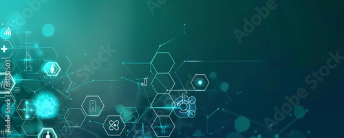 Abstract medical background with hexagons and health icons on a blue green gradient © Asep