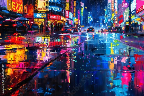 Urban Reflections, Abstract Oil Painting of Rainy City Street with Puddles Reflecting Neon Lights © furyon