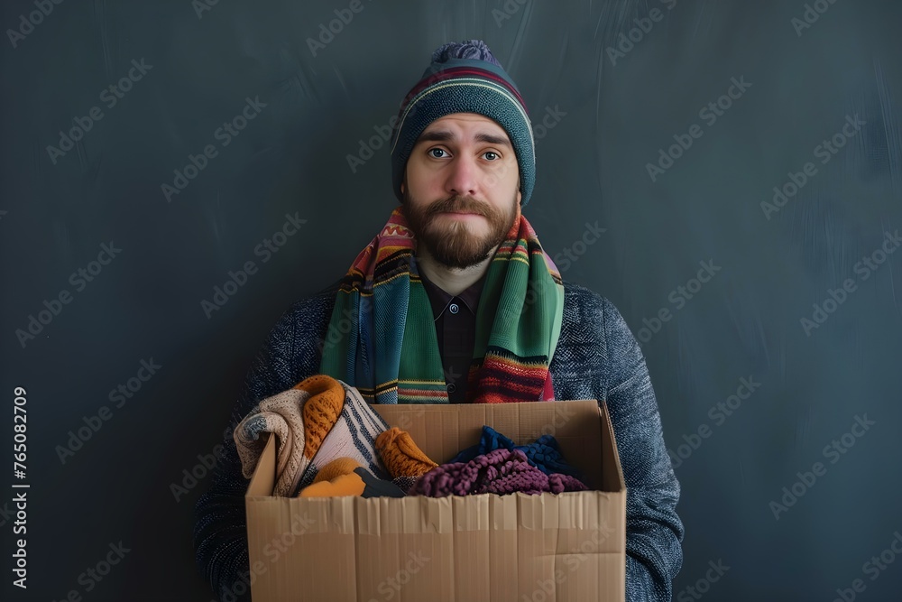 Man holding a box of donated items for charity collection to help refugees and victims. Concept Charity Collection, Donated Items, Refugee Aid, Helping Victims, Kind Gesture Man holding a box of donated items for charity collection to help refugees and victims. Concept Charity Collection, Donated Items, Refugee Aid, Helping Victims, Kind Gesture