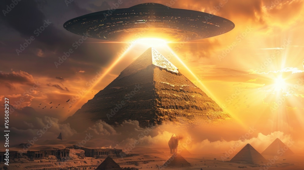 UFO with beam illuminating a pyramid, sunset, wide lens, historic epic vibe - obrazy, fototapety, plakaty 