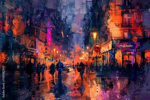Urban Tapestry Bustling City Street Scene at Twilight with Vibrant Life and Colors, Digital Oil Painting © furyon
