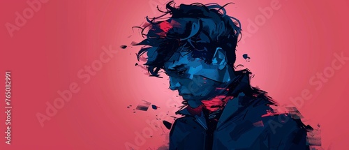  A digitally painted portrait of a man in black with splashes of red and blue on his face