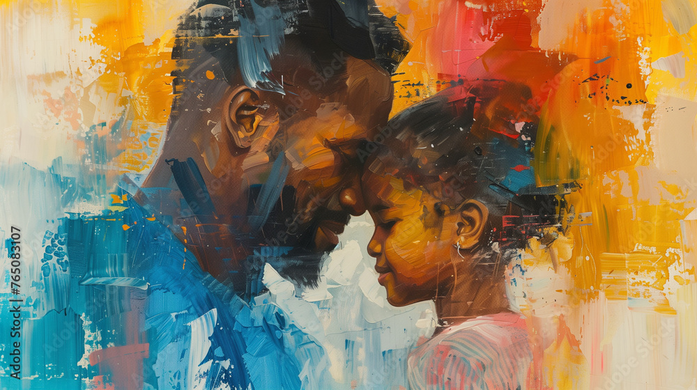 Black father & daughter Father's Day illustration African American family painted portrait. Black History day. Generative AI Illustration. Candid close-up dad and child - obrazy, fototapety, plakaty 