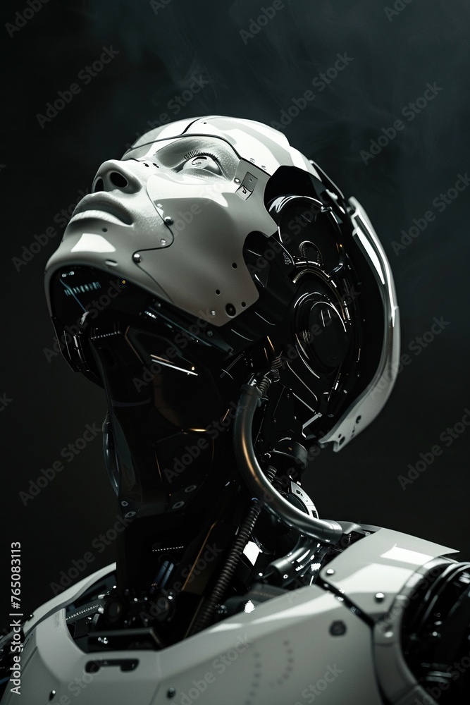 superrealistic photo of a modern robot looking up, frontal proection, its head also raised up, LowKey photography studio, high contrast, dark background 8k photo
