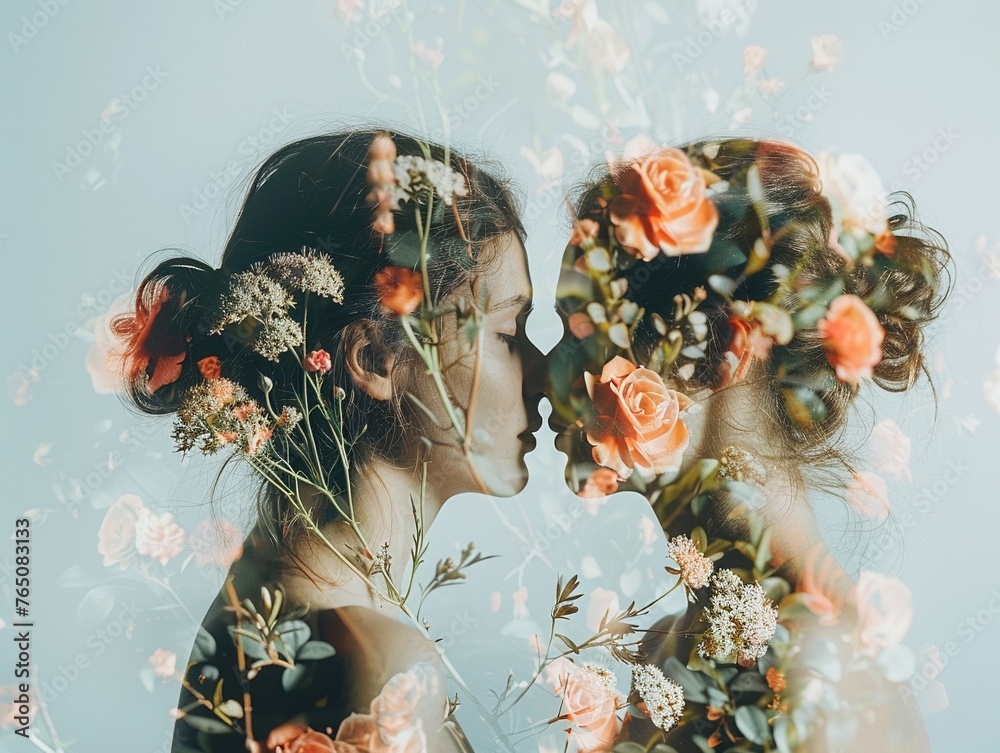Double exposure phot of two faces back to back and flowers in alternative photo angles, mirrored, distortion, minimalistic background, fashionista