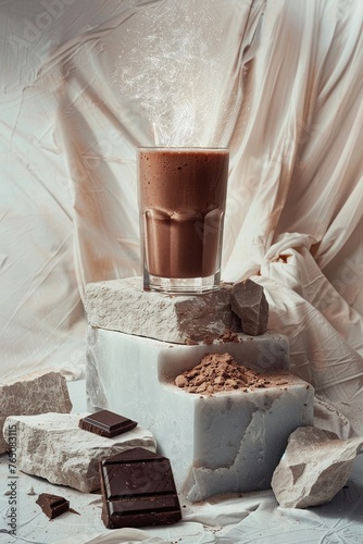 a very high photoshoot of a protein chocolate smoothie, white marble and stone podiums, calid light leaks photo