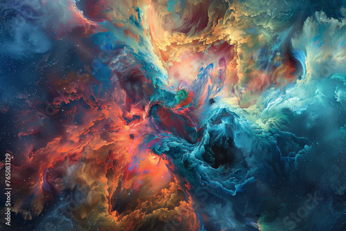 A cosmic tide sweeps across the canvas. Waves of stardust and nebulae collide, creating bursts of color photo