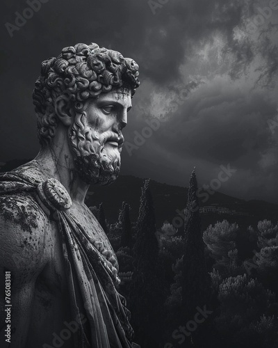 A dark landscape image of an ancient greek society deeply connected to stoicism, black and white, ancient greek architecture, include one single big statue of a stereotypical strong greek man photo
