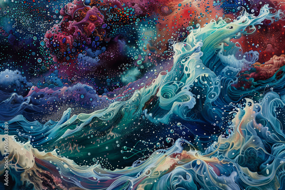 A cosmic tide sweeps across the canvas. Waves of stardust and nebulae collide - obrazy, fototapety, plakaty 