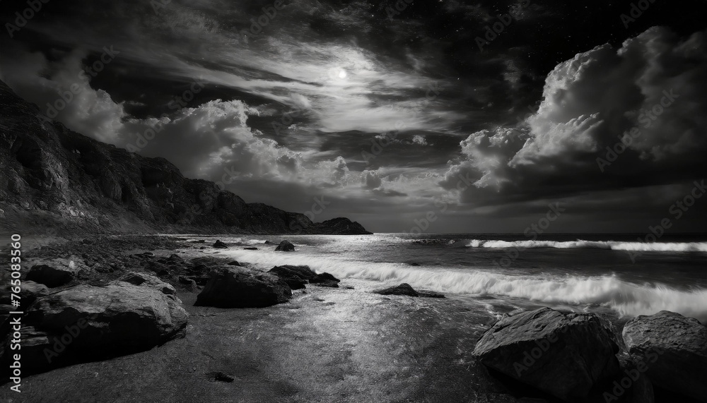 black and white mountains and Beach 