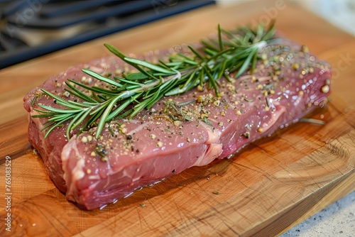 ribeye striploin and tenderloin steak on wooden chopping board. is rosemary on top of the meat 