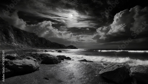 black and white mountains and Beach 