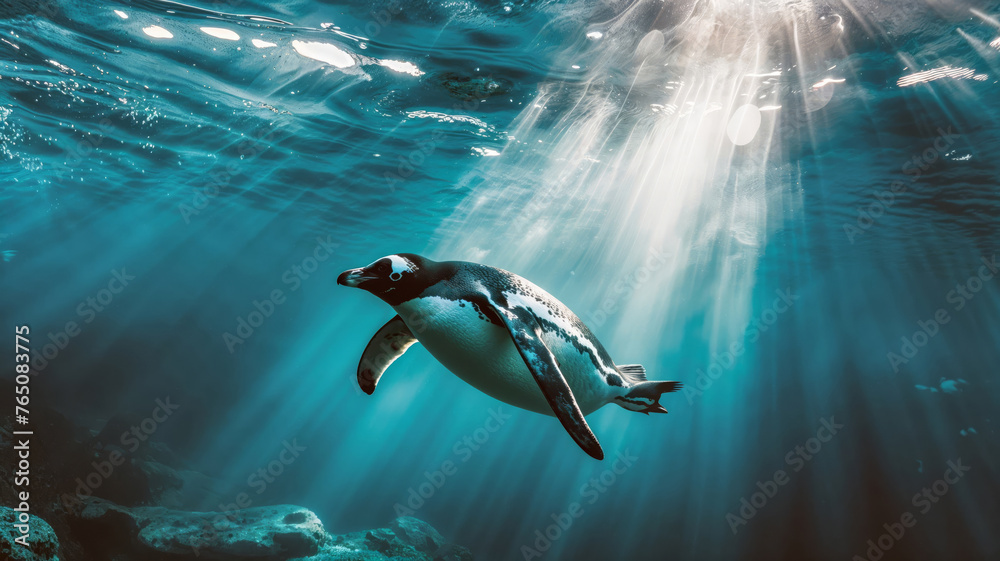Obraz premium Graceful Penguin Diving Under Ice with Sunlight Filter 