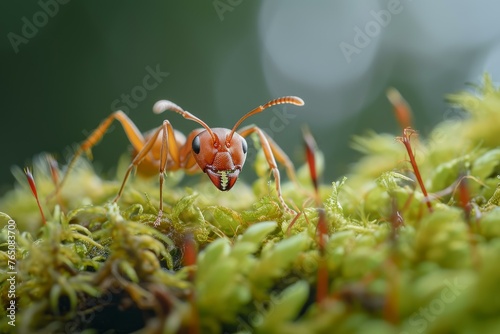 Industrious Ant forest insect moss. Macro ground animal. Generate Ai © anatolir