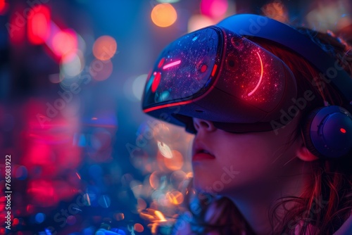Person with VR headset surrounded by lights