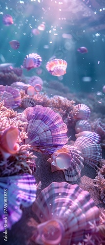 A surreal illustration featuring a magnificent underwater display of seashell art, with shells floating in a dreamlike arrangement, their purple and blue hues illuminated by the soft, otherworldly lig photo