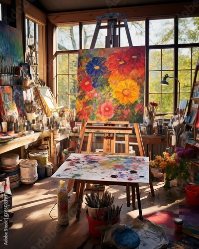 sun-drenched artist's studio, where the chaos of creativity is beautifully organized into a tapestry of colors and textures