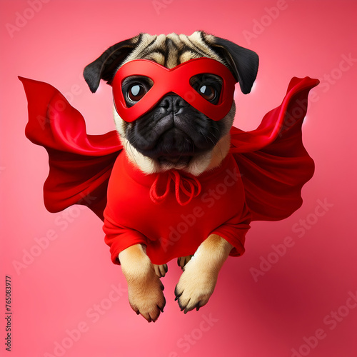 Superhero dog, cute pug with a red cloak and mask jumping and flying on pink background,dog, superhero,pug, puppy, animal, illustration, Ai generated  © Fayyaz